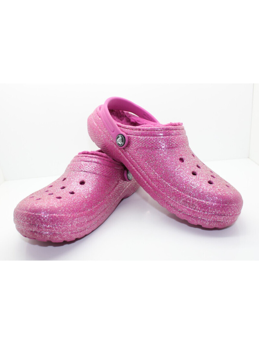 Crocs Classic Lined Clog Pink Glitter Fur Fuzzy Slippers Shoes Youth J5-Womens 7